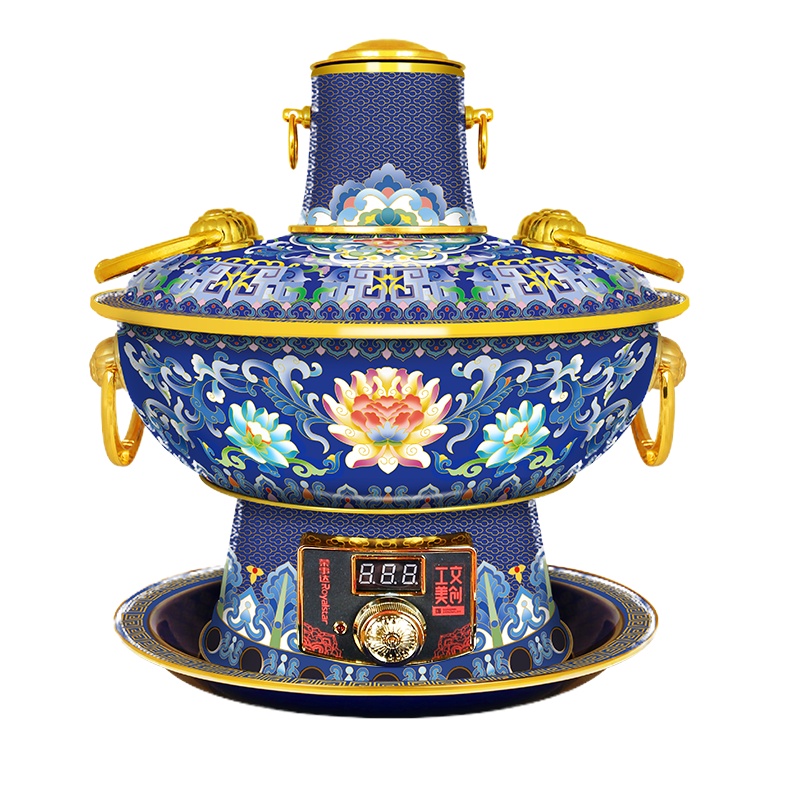 荣事达(Royalstar)电火锅HG1890景泰蓝铜火锅家用纯铜火锅炉木炭老式涮羊肉珐琅铜锅 工美文创国潮风