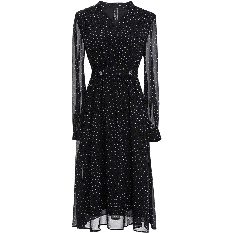 欧昵雪半开领收腰波点印花雪纺连衣裙女显瘦长袖中裙