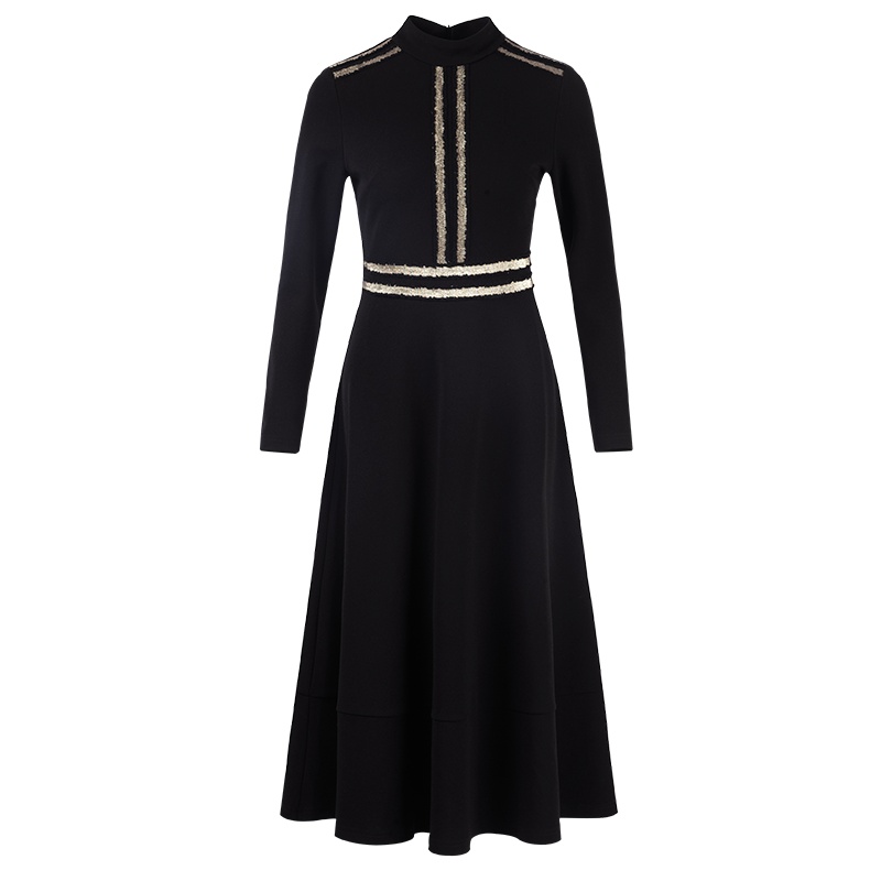 晚白2020春季新品通勤优雅立领修身显瘦中长款A字裙长袖连衣裙女