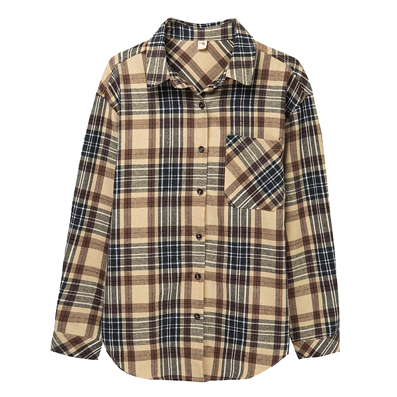 恒源祥女士衬衫2021春季新款复古衬衫休闲时尚格子衬衣女装长袖翻领上衣