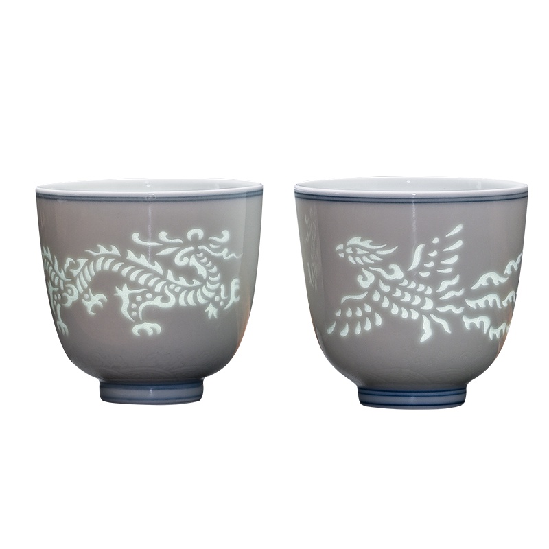 景德镇手工甜白釉暗刻玲珑龙凤对杯陶瓷喝茶品茗杯主人杯单