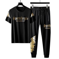 轻奢休闲运动男套装夏季烫钻短袖大码长裤子冰丝衣服潮流T恤2020
