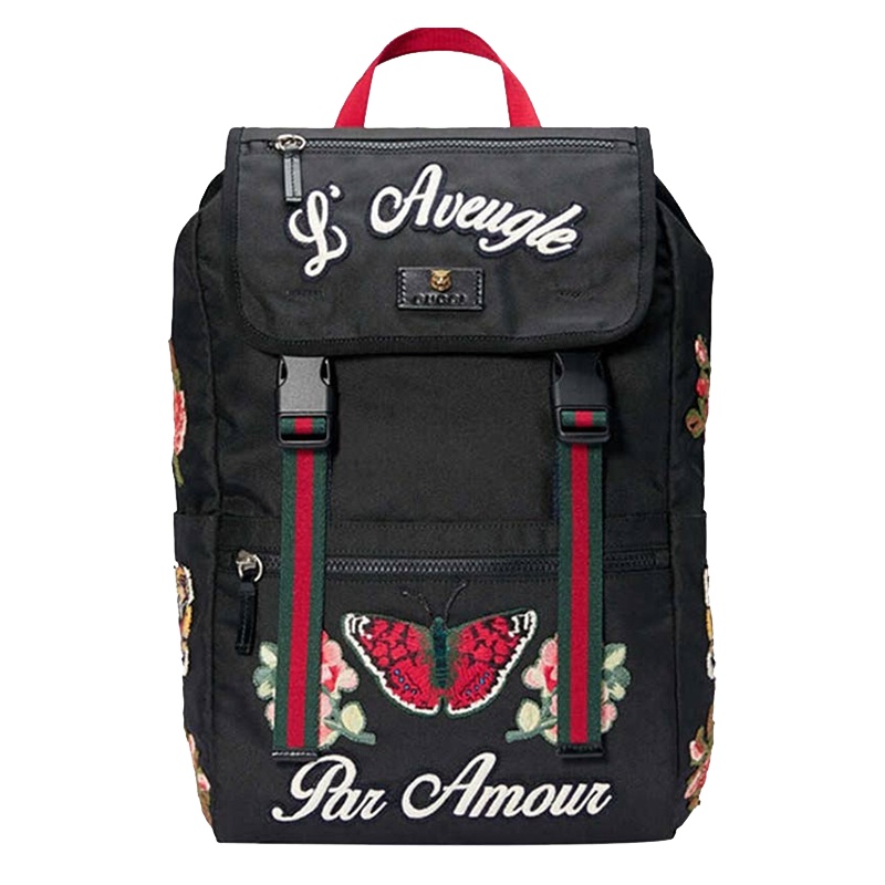 GUCCI 古驰 gucci男女同款 奢侈品新款黑色帆布贴花刺绣翻盖通用双肩包