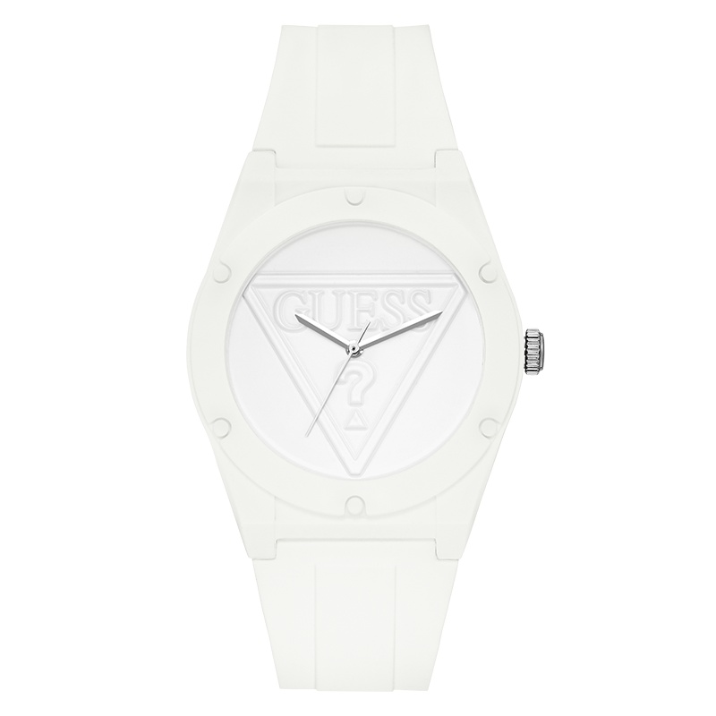 GUESS倒三角LOGO浮雕白色石英硅胶腕表W0979L1