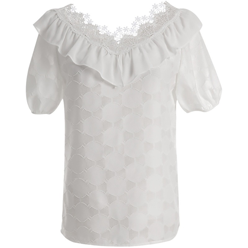 欧昵雪夏季花边V领拼接荷叶边显瘦雪纺衫女小众短袖上衣