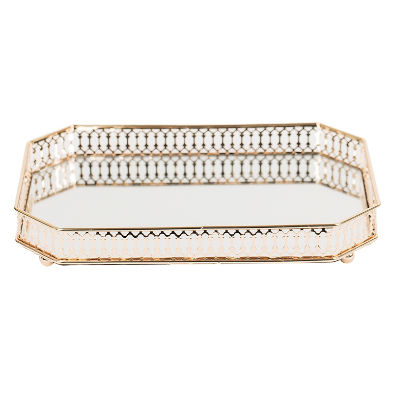 北欧风长方镜面镂空托盘 ins镜面玻璃盘子铁艺收纳托盘家用客厅轻奢摆盘装饰水果盘