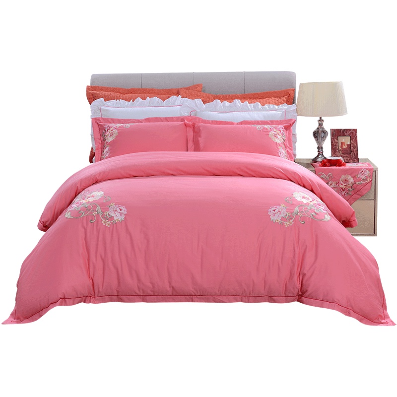 富安娜(FUANNA)家纺纯棉床上用品1.8米双人四件套婚庆结婚贡缎纯棉全棉床品套件床单被套