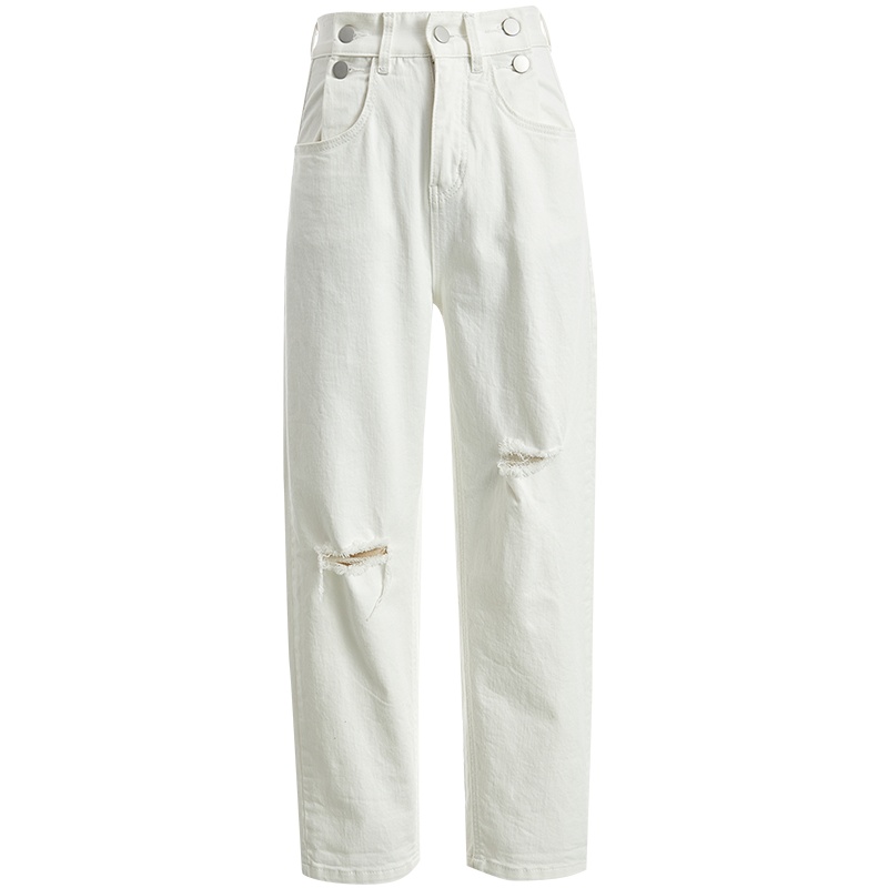 欧昵雪夏季高腰宽松破洞休闲裤女ins薄款直筒显瘦九分裤