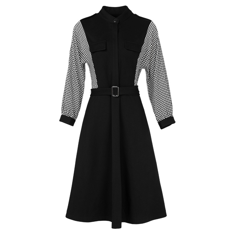 晚白 2020春季新品时尚立领系带收腰假两件中长款A字衬衫连衣裙女