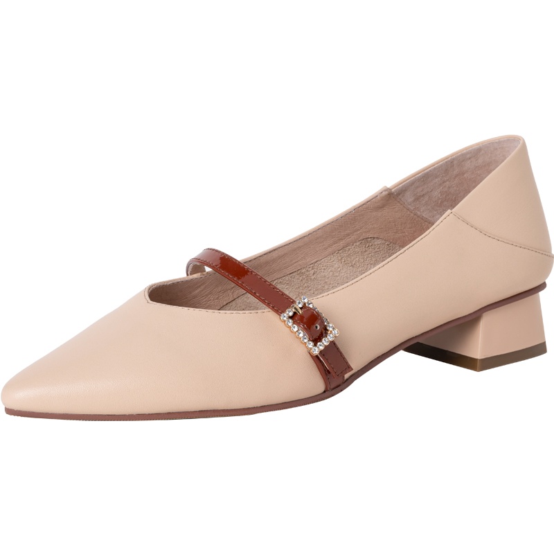 百田森春季新款尖头浅口玛丽珍鞋女奶奶鞋少女单鞋方跟浅口