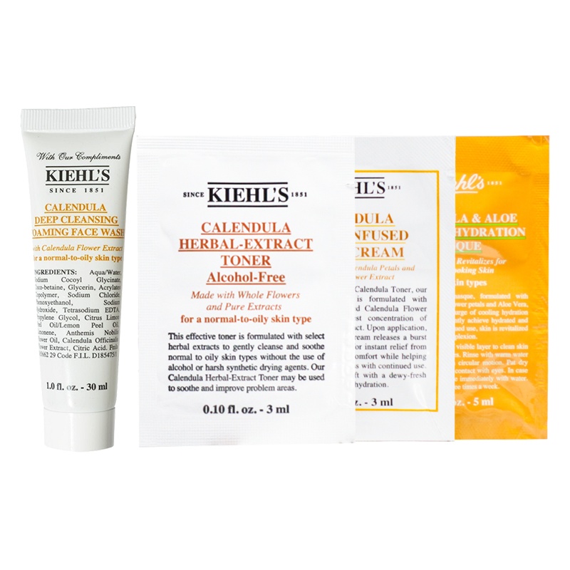 科颜氏Kiehl's金盏花爽肤水3ml*20 金盏花洁面啫喱30ml*3 金盏花水活霜3ml*10金盏花面膜5ml*10