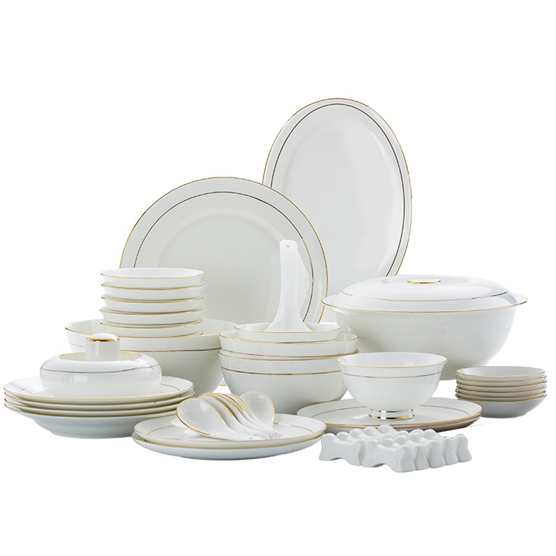 富昱景 景德镇陶瓷餐具 欧式骨瓷碗碟家用金边餐具套装碗盘组合 70件雅逸