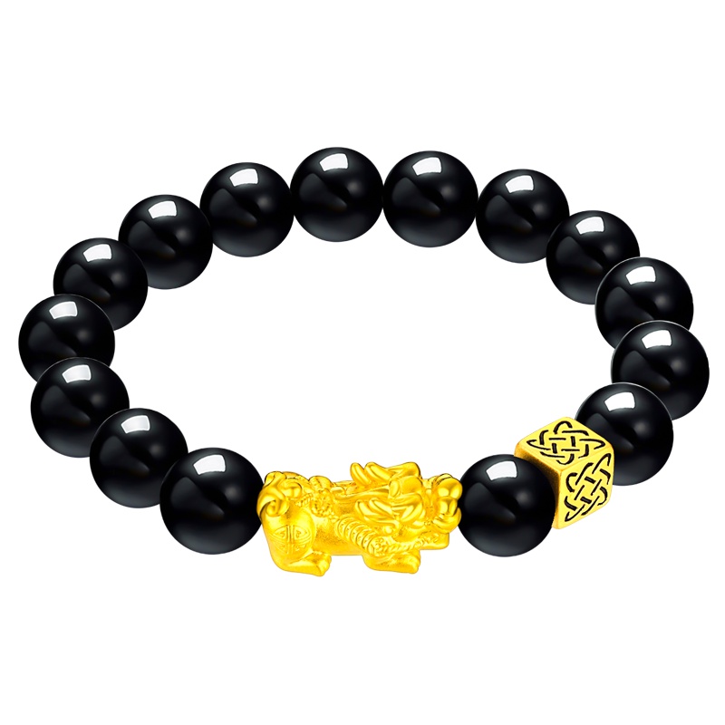 蒂蔻 貔貅守护黄金手链男款足金黑玛瑙手串3D硬金手饰品生日礼物送老公