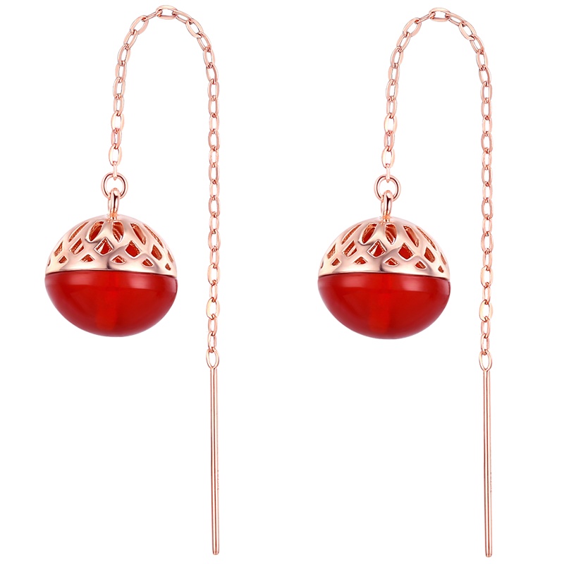 佰色传情925纯银耳线玫瑰金色本命年红玛瑙耳环耳饰长耳坠