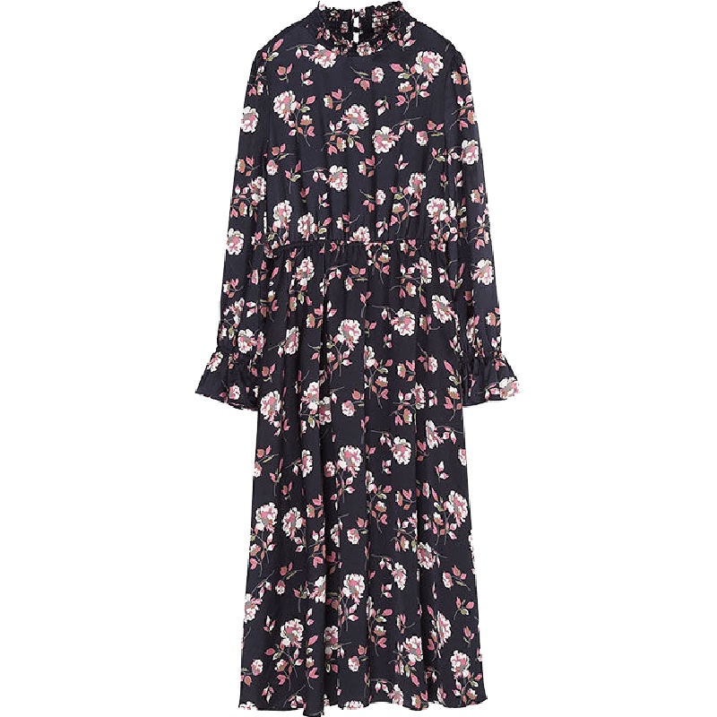 上新拉夏贝尔秋冬新款高腰文艺显瘦a字长袖高领碎花连衣裙女10019392