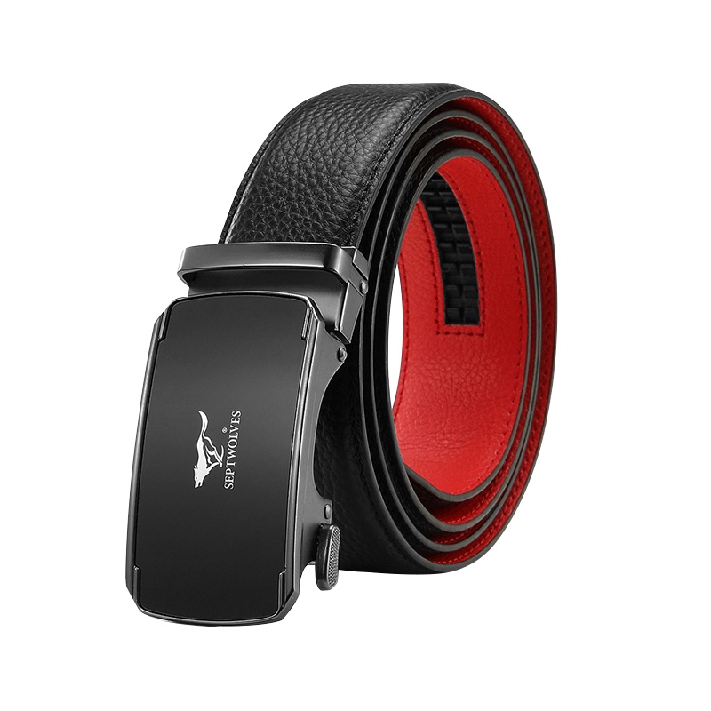 [本命年腰带]七匹狼(SEPTWOLVES) 男士自动扣皮带红色牛皮裤带男 精美礼盒装送父亲送男友生日礼物