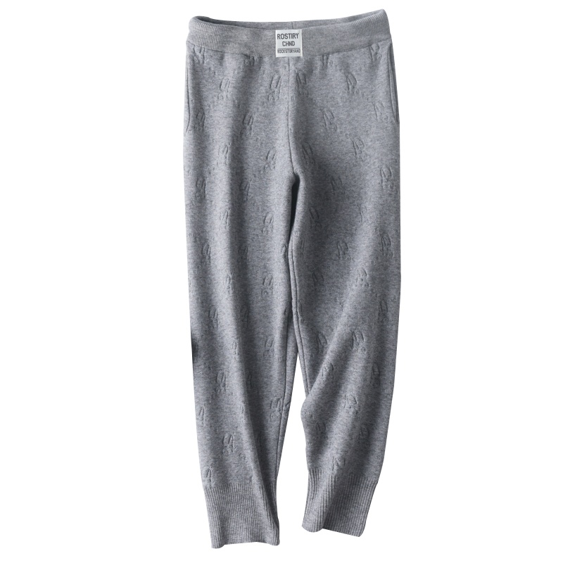 针织休闲裤女秋冬新款高腰小脚裤印花松紧腰萝卜裤舒适百搭哈伦裤