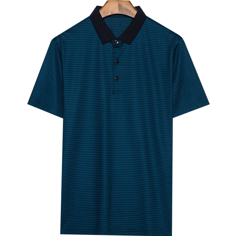 恒源祥男装夏装条纹翻领含桑蚕丝短袖T恤中年爸爸装Polo衫