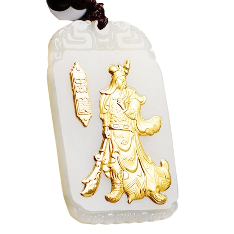 臻玉盈金镶和田玉吊坠女玉项链新疆和田玉关公吊坠男士款霸气玉佩玉石挂件 金镶玉关公玉石吊坠自戴送人民族风送鉴定证书