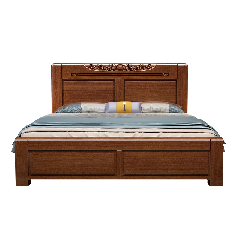 月影梳桐胡桃木实木床1.8m主卧中式双人床1.5米婚现代代简约卧室高箱储物皮床