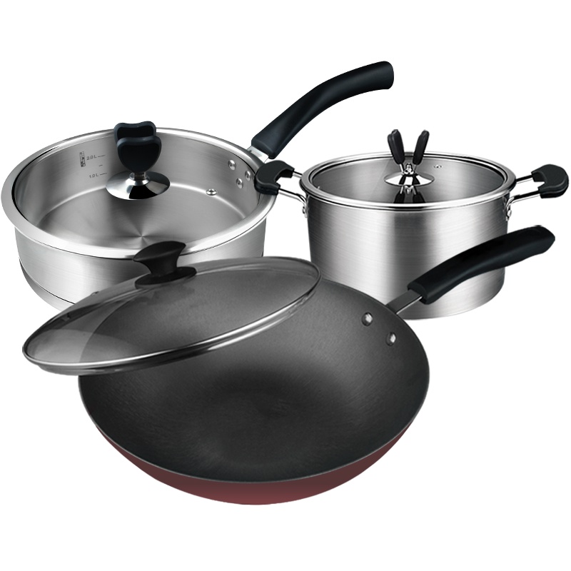 KMW铸铁炒锅三件套GKMWGJX-LHZ0030 炒锅30cm汤锅煎锅少油烟防焦糊易清洗304不锈钢套装锅