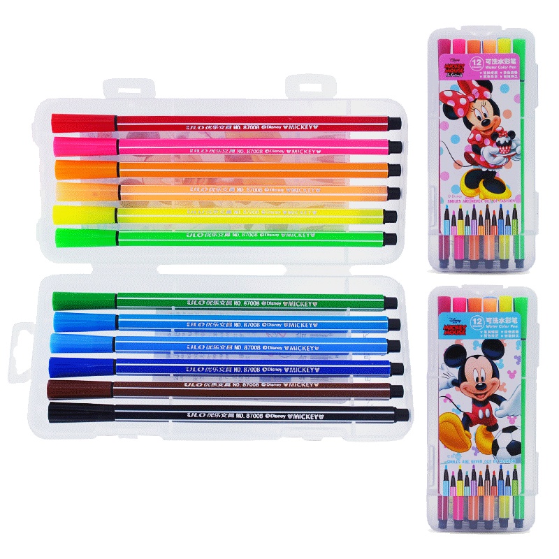迪士尼(Disney)12色可水洗水彩笔套装彩色初学者手绘绘画画笔儿童幼儿园小学生用塑料盒装彩笔z7133男孩米奇