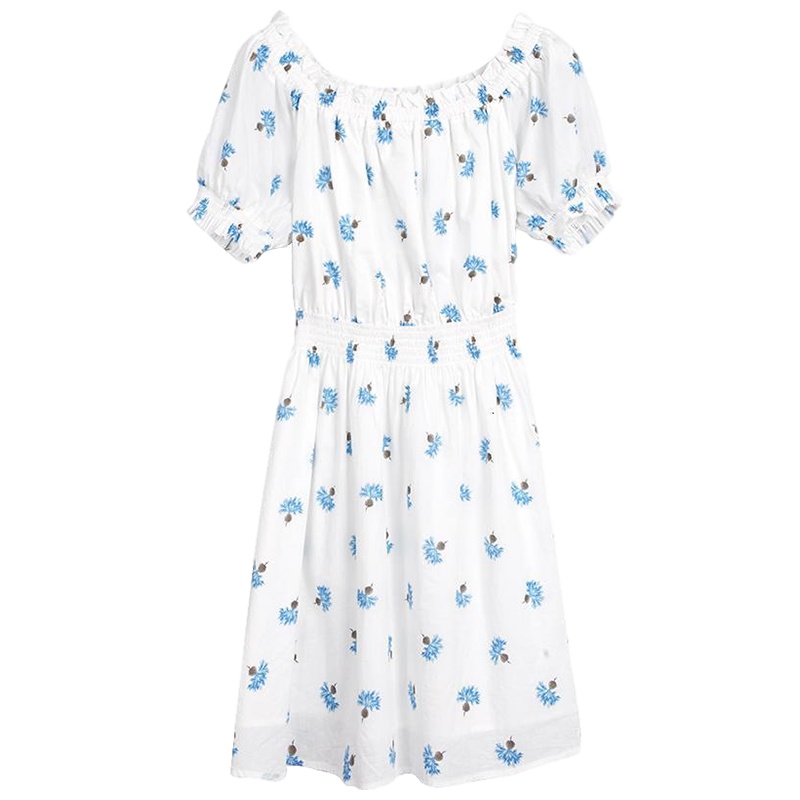 拉夏贝尔中长款连衣裙女夏2019新款韩版宽松短袖小碎花学生圆领收腰裙子_493 S 印花混色