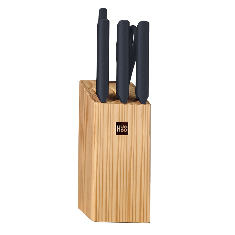 火候青春版厨刀六件套（松木刀座）剁骨刀削皮刀剪刀切菜刀水果刀实木刀座刀架家用组合不锈钢刀套装HU0058