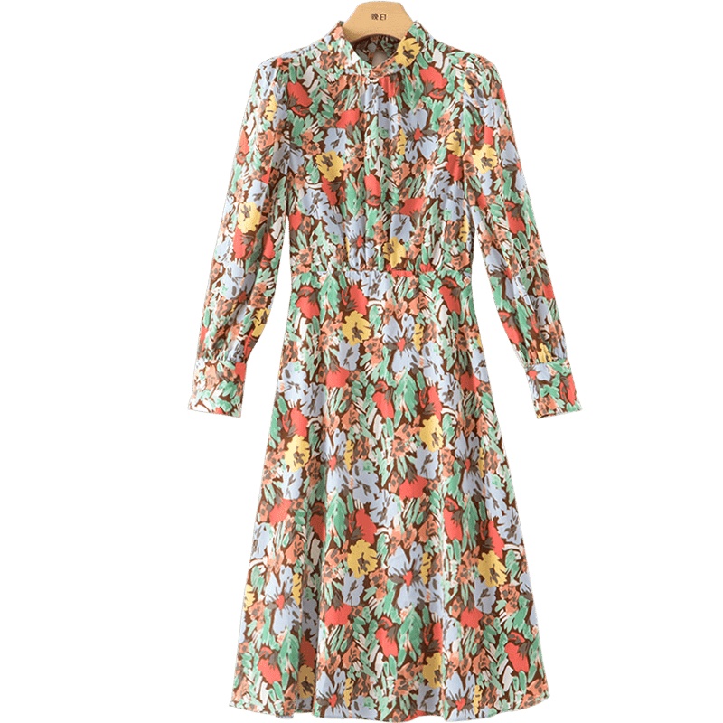 晚白2021春新品修身显瘦立领长袖清新印花衬衫裙A字淑女连衣裙女