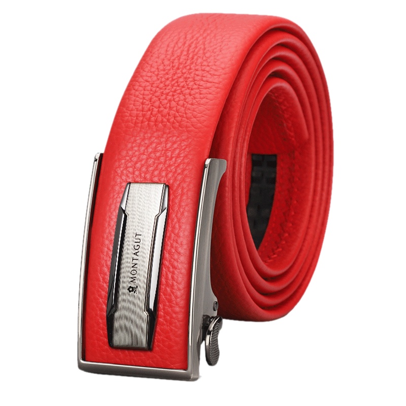梦特娇皮带男红色本命年 自动扣内穿 头层软牛皮 简约休闲 青年腰带男 百搭 男士结婚裤腰带