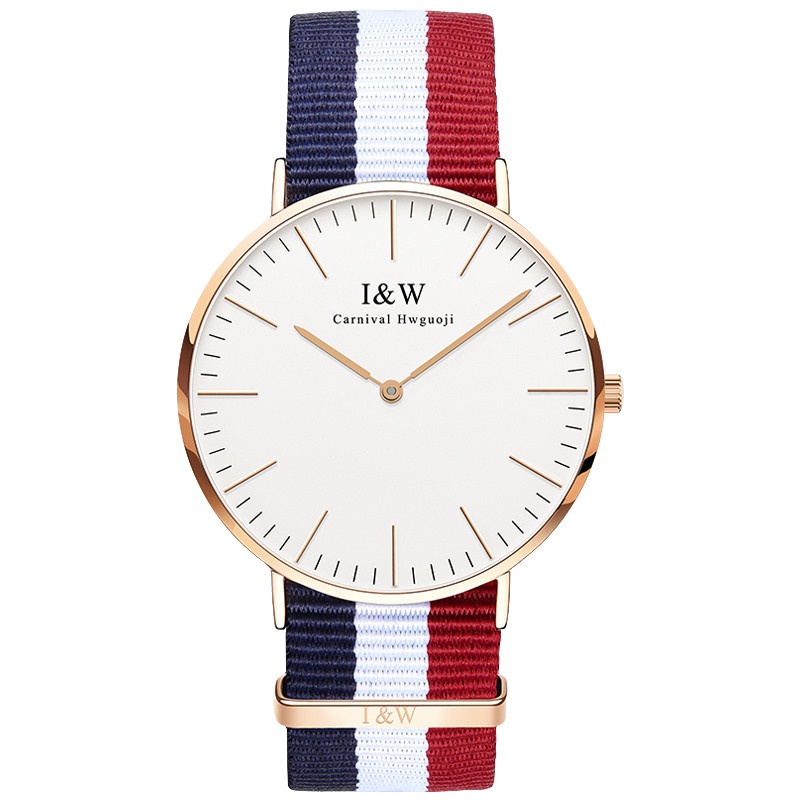 正品嘉年华I&W手表女士石英表 情侣薄手表女表休闲时尚简约男表防水通用腕表极简主义织物表带男表I&W 8757G-2