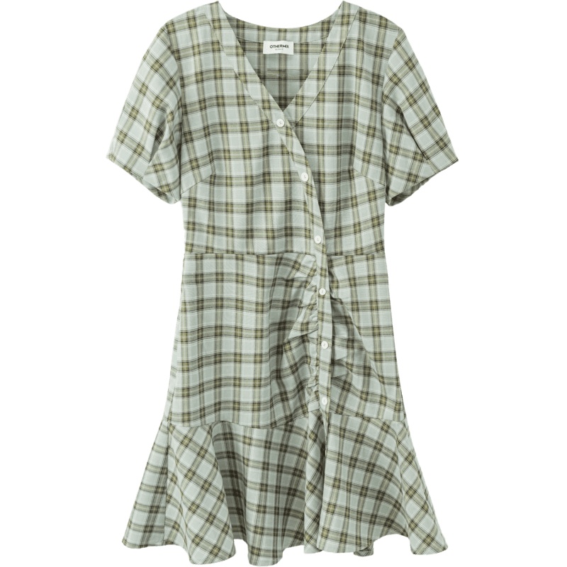 OtherMix拼接格子连衣裙2021年夏季新款韩版不规则气质短袖女裙子