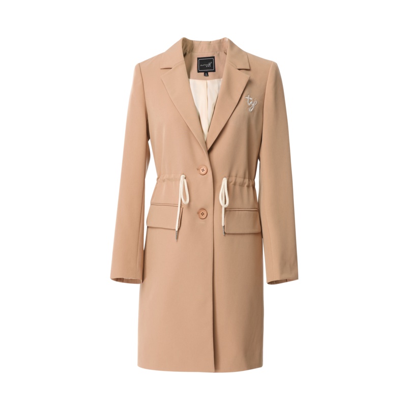 欧昵雪秋装翻领字母绣花系带收腰中长款休闲西装外套女