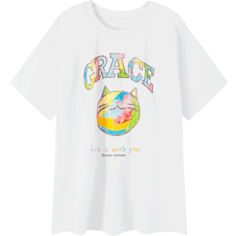 OtherMix小花喵猫咪t恤女2021年夏季新款圆领时尚宽松短袖上衣潮