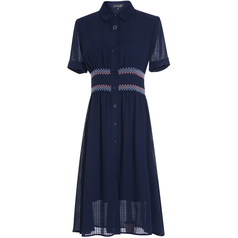 欧昵雪夏季拼接撞色收腰显瘦衬衫连衣裙女短袖中裙子