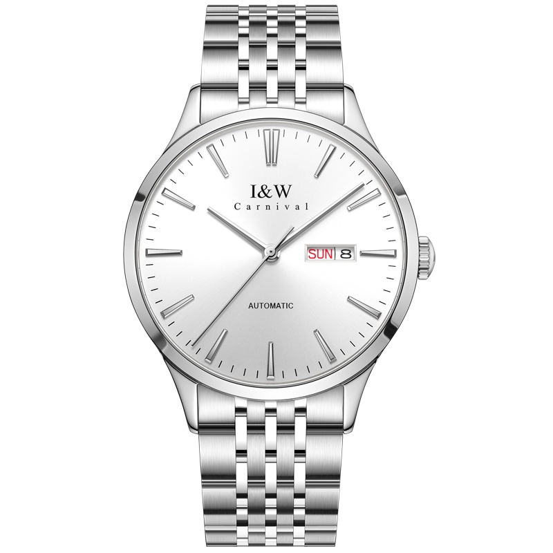 爱沃驰(I&W) 男士手表白盘简约商务休闲自动机械表男 钢带男表509G钢带