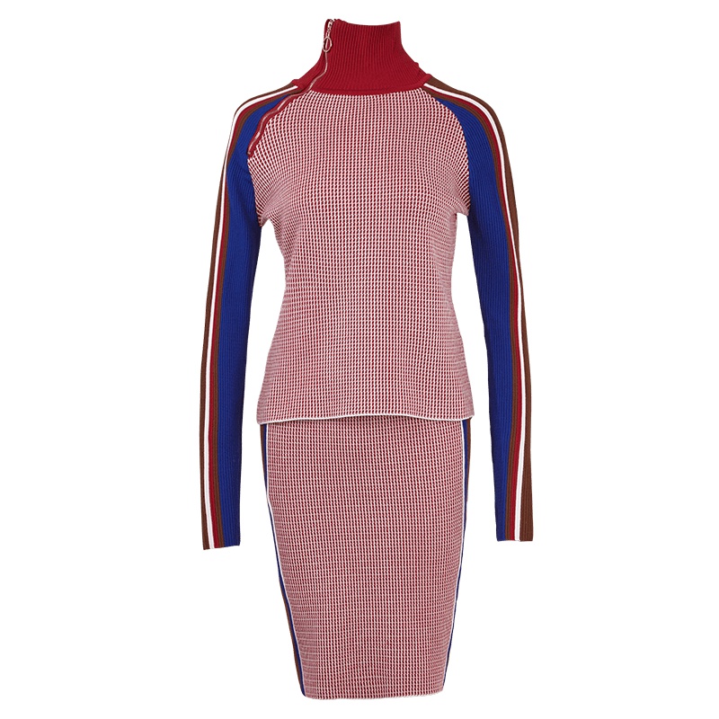 晚白春夏装女套装裙新款高领拼接撞色打底衫包臀半身裙针织套装