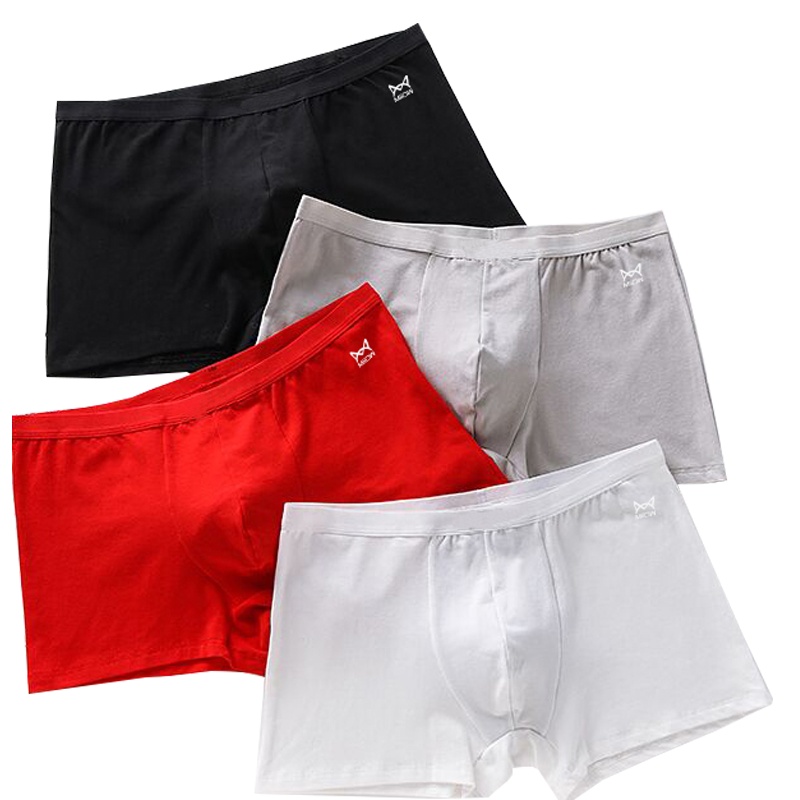 猫人男士弹力棉抗菌纯色宽明筋平角裤4条装