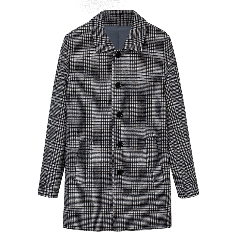 才子男装羊毛大衣冬季新款英伦格子翻领时尚男士中长款毛呢外套潮