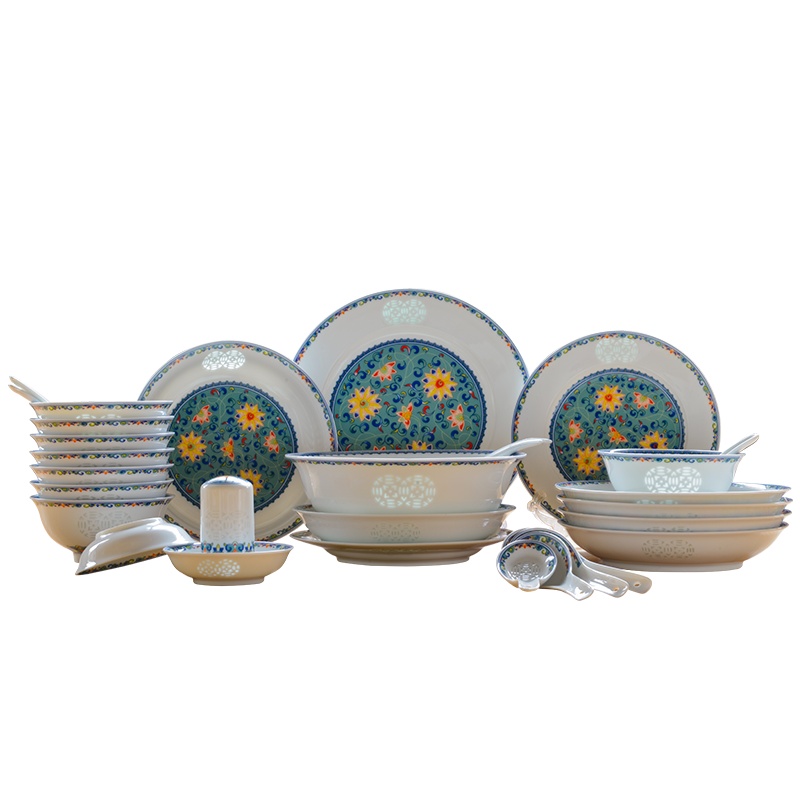 古镇陶瓷 景德镇餐具套组厨房家用米饭碗盘碟勺青花玲珑瓷套装30头餐具万紫千红