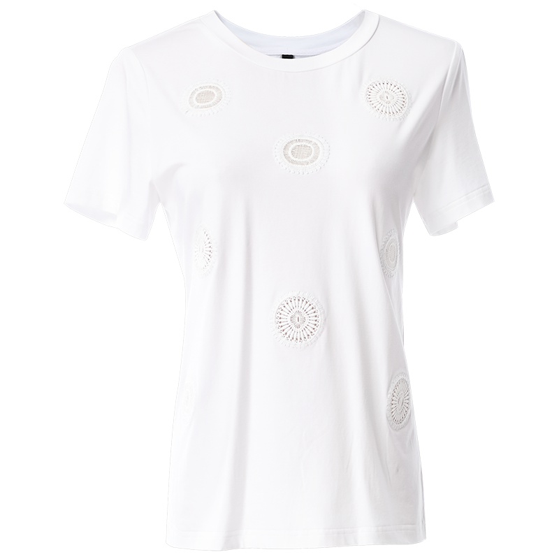 欧昵雪夏季套头圆领镂空绣花修身简约棉T恤女短袖上衣