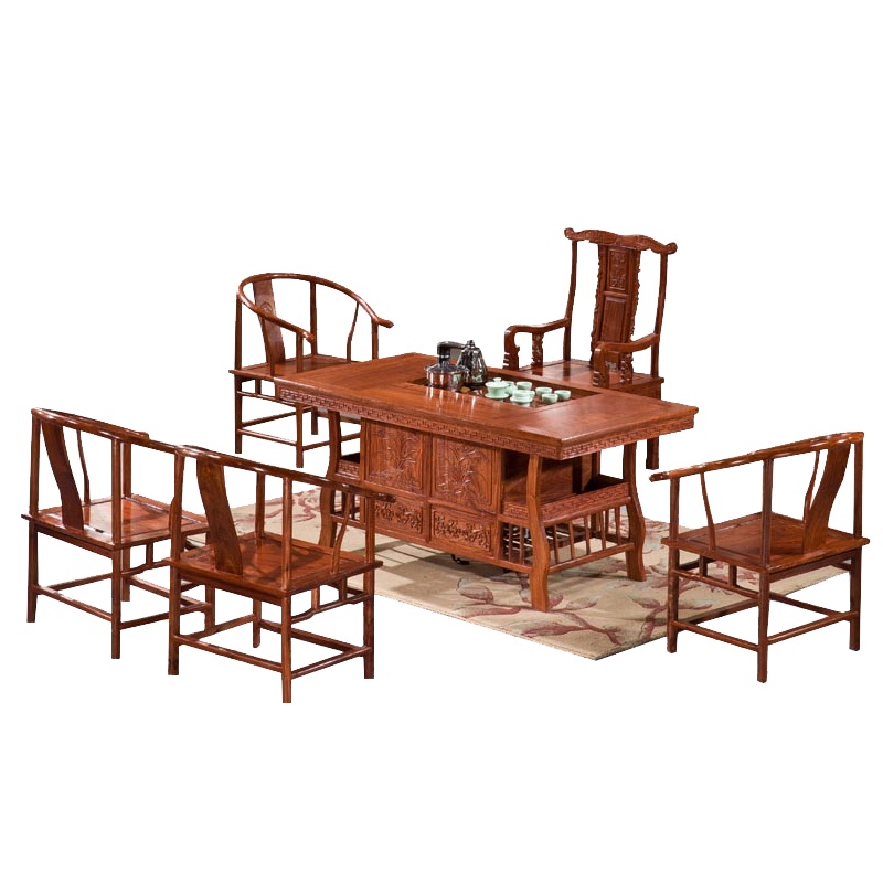 周家庄红木家具非洲花梨(学名:刺猬紫檀)茶桌 实木茶几茶台 茶艺桌 中式功夫宝鼎茶桌椅组合