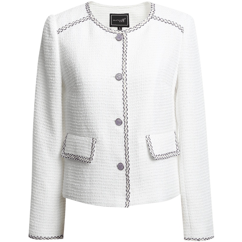 OUNIXUE欧昵雪 | [织带拼接开衫]春秋优雅风圆领编织粗纺直筒外套女