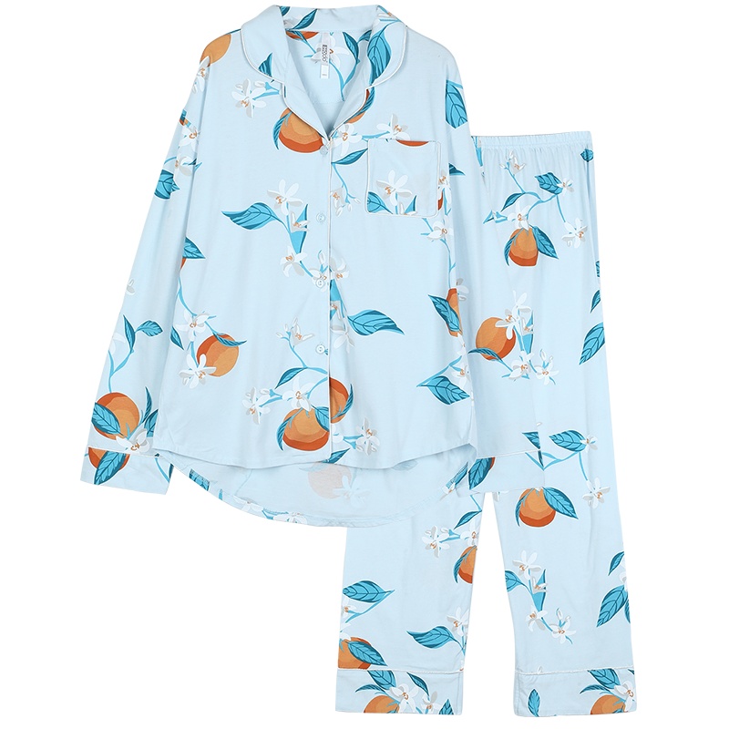 红豆居家(Hodohome)20年春夏新款女士纯棉睡衣经典翻领长袖印花家居服套装