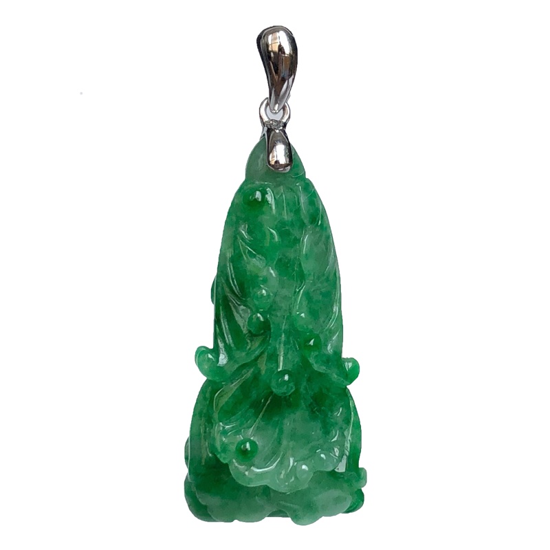 缘源珠宝天然A货 翡翠吊坠 满绿18K白金镶白菜百财精品挂坠自戴送老婆送长辈 不含链