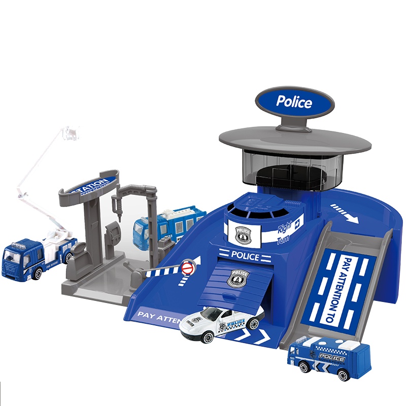 男孩玩具新玩具警察、消防、工程小号停车场系列套装轨道车拼装益智玩具CLM-1D(蓝色警车)