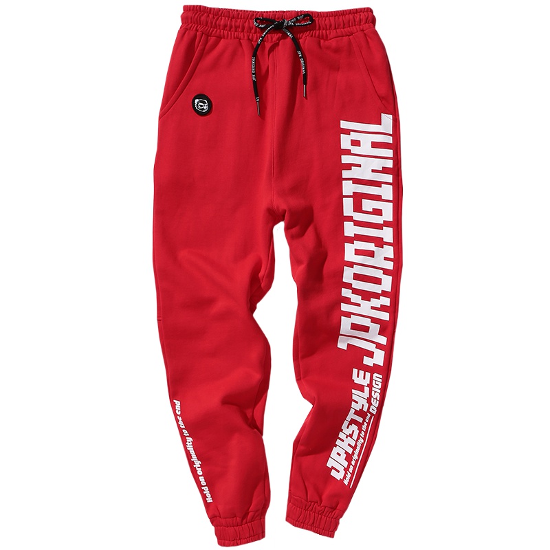 JPK原创潮牌国潮秋冬运动裤港风休闲裤子红色宽松束脚裤男士长裤