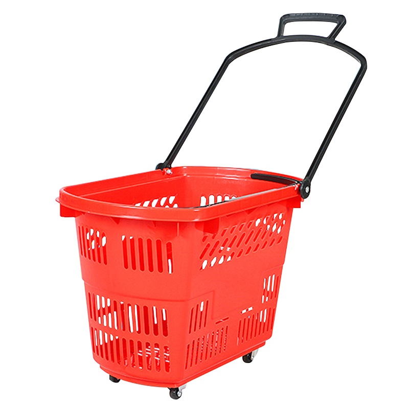 海斯迪克 gnjz-167 多功能超市购物篮 拉杆篮带轮 仓储蓝周转筐 手提篮 买菜篮 特大号红色