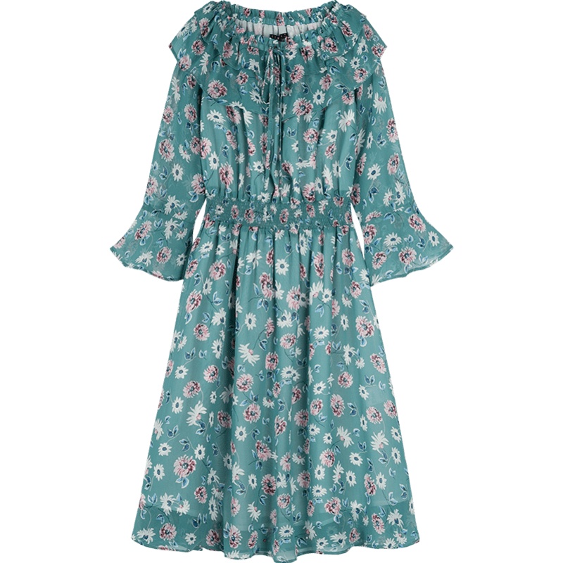 【满198减100预估价：54】森马一字领连衣裙女夏季喇叭袖荷叶边碎花雪纺裙复古裙