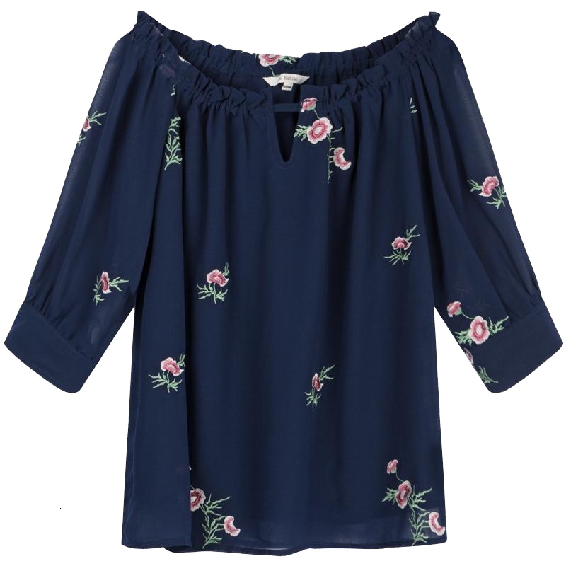 拉夏贝尔拉贝缇刺绣雪纺衬衫女装春夏季很仙的上衣一字肩洋气短袖露肩_191 S 藏青